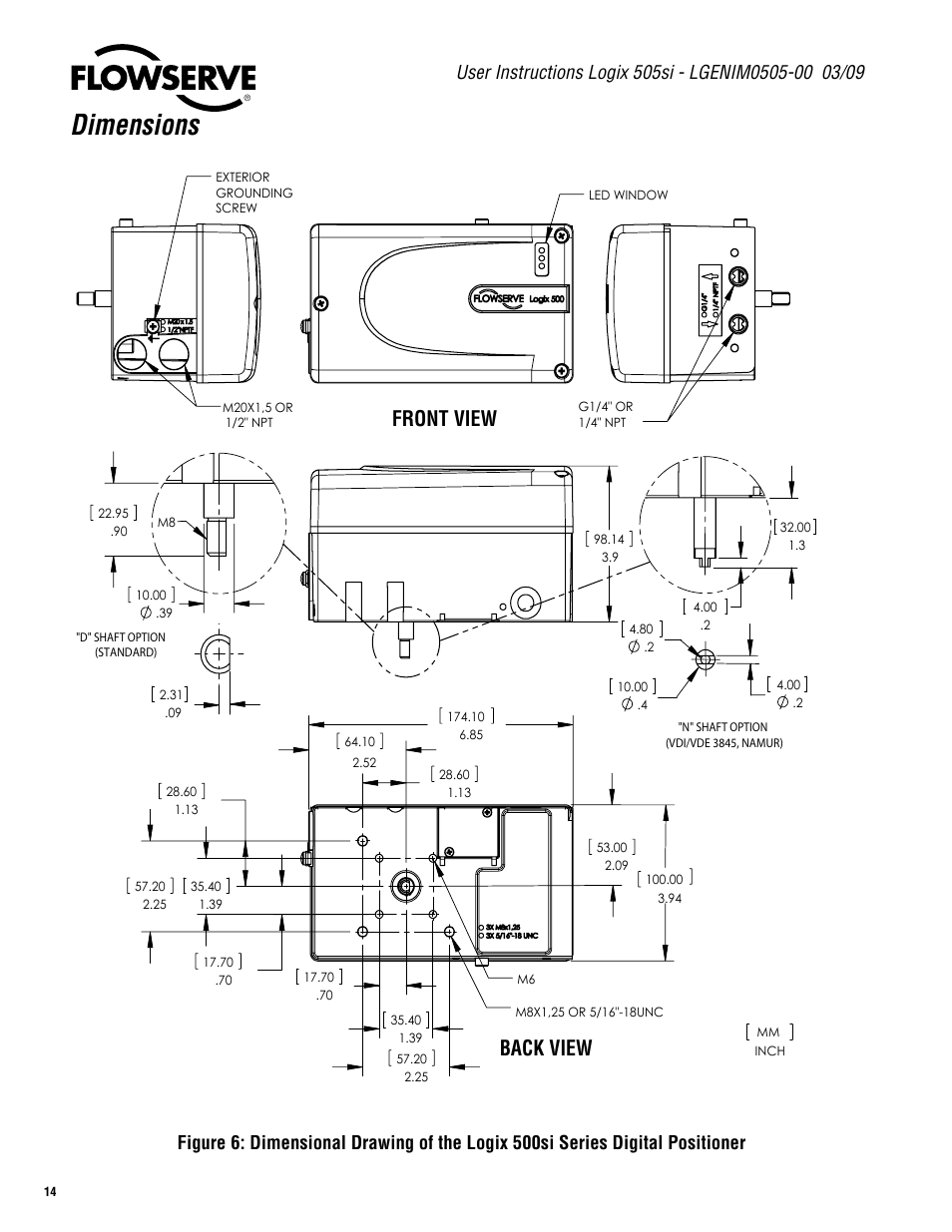 Dimensions, Front view back view | Flowserve 505si Series Digital Positioner User Manual | Page 14 / 16