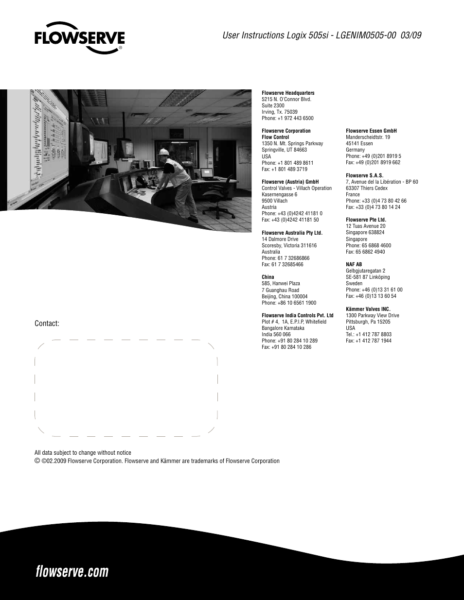 Contact | Flowserve 505si Series Digital Positioner User Manual | Page 16 / 16