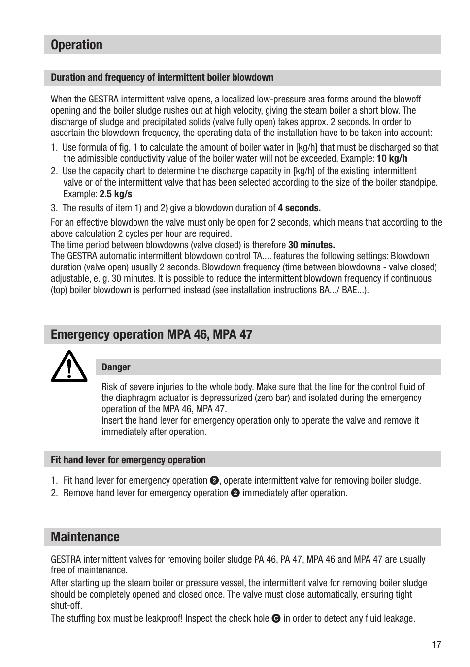 Operation, Emergency operation mpa 46, mpa 47, Maintenance | Flowserve PA46 User Manual | Page 17 / 32