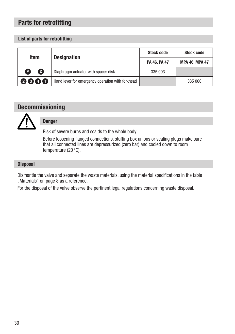 Decommissioning, Parts for retrofitting, 2 3 4 t | Flowserve PA46 User Manual | Page 30 / 32