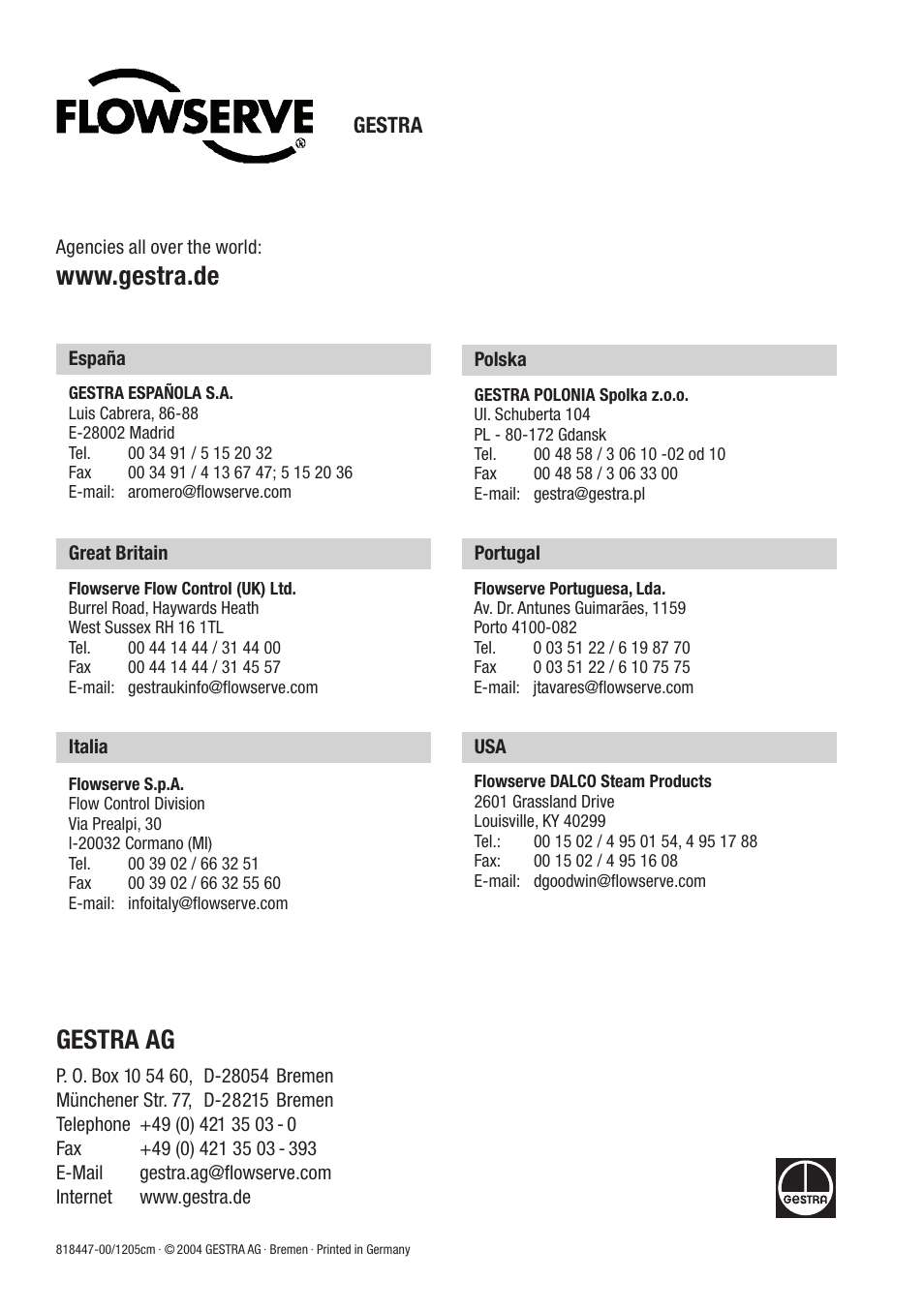 Gestra ag, Gestra | Flowserve PA46 User Manual | Page 32 / 32