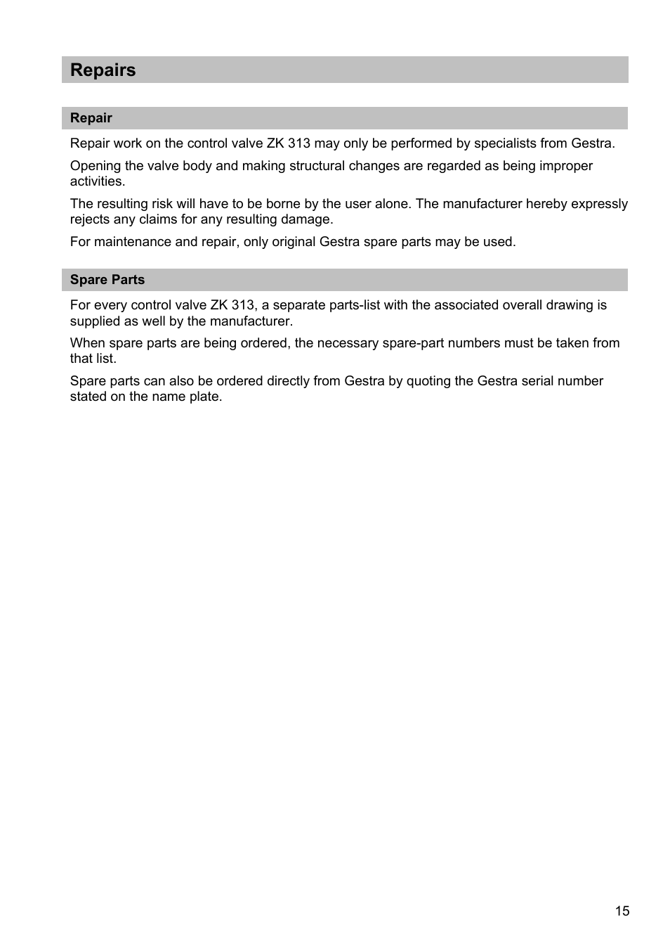 Repairs | Flowserve ZK 313 User Manual | Page 15 / 16