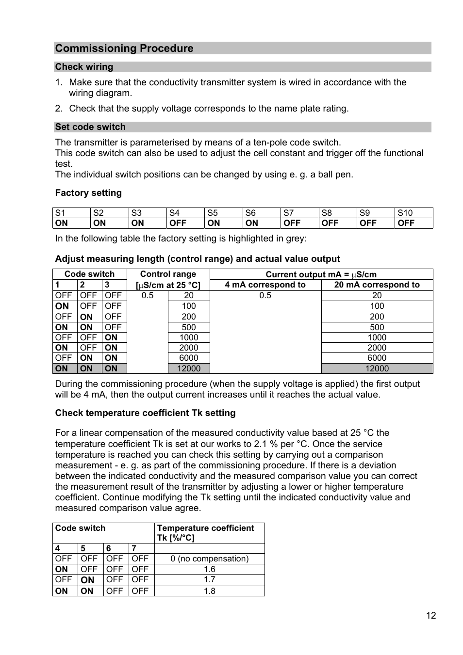 Commissioning procedure, Check wiring, Set code switch | Factory setting, Code switch, Check temperature coefficient tk setting | Flowserve LRGT16-1 Spector compact Conductivity Transmitter System User Manual | Page 12 / 28