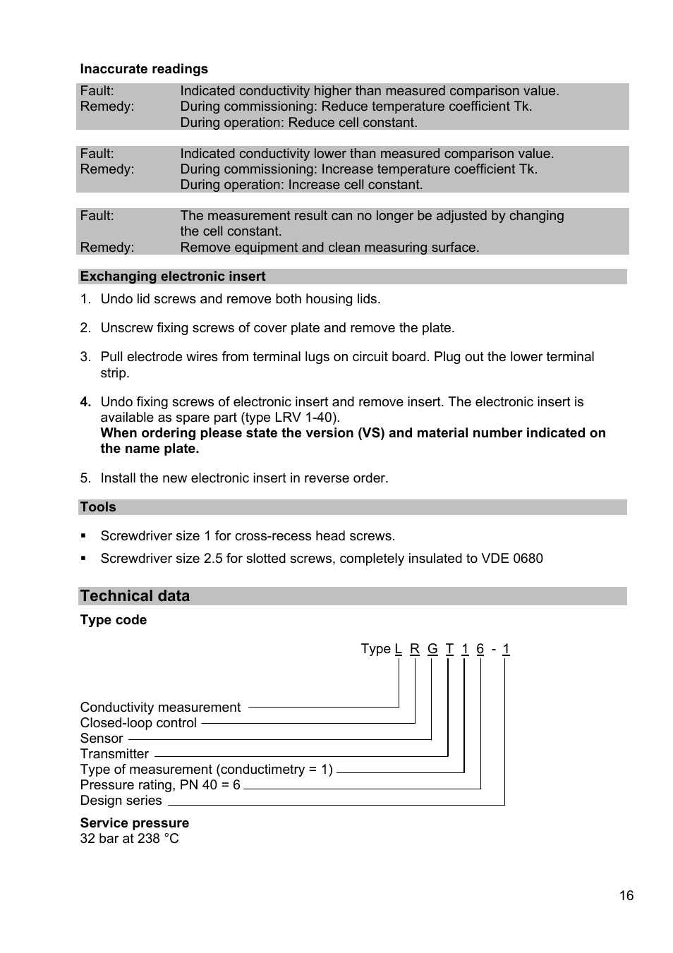 Exchanging electronic insert, Tools, Technical data | Flowserve LRGT16-1 Spector compact Conductivity Transmitter System User Manual | Page 16 / 28