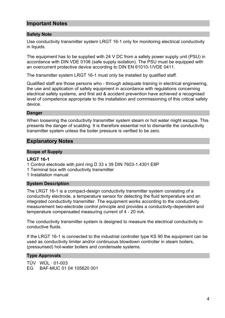 Important notes, Safety note, Danger | Explanatory notes, Scope of supply, System description, Type approvals | Flowserve LRGT16-1 Spector compact Conductivity Transmitter System User Manual | Page 4 / 28