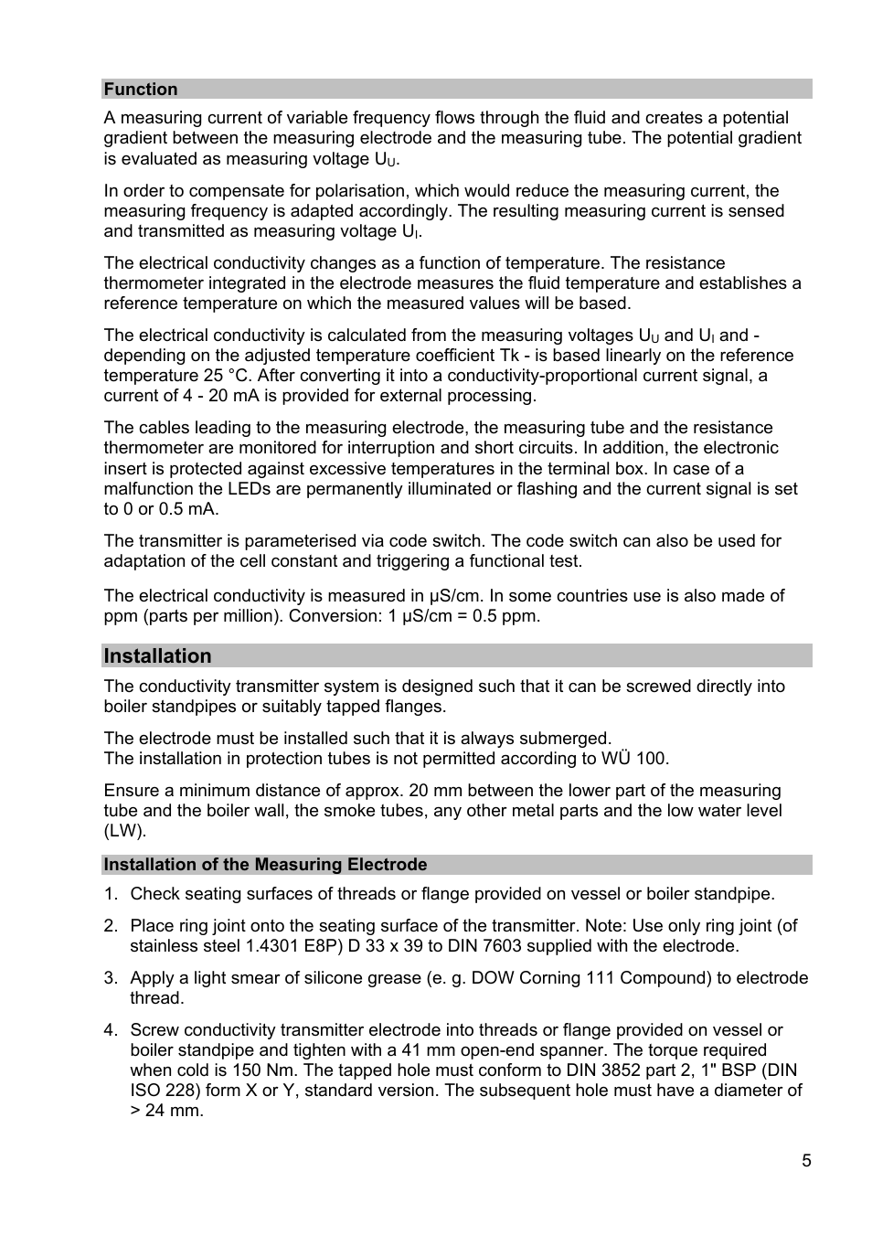 Function, Installation, Installation of the measuring electrode | Flowserve LRGT16-1 Spector compact Conductivity Transmitter System User Manual | Page 5 / 28