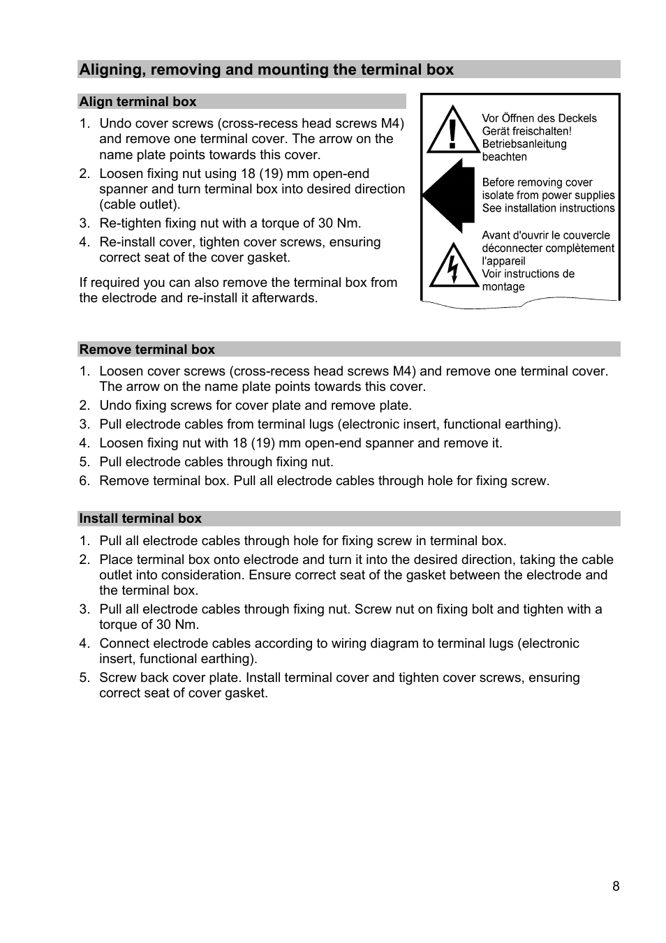 Aligning, removing and mounting the terminal box, Align terminal box, Remove terminal box | Install terminal box | Flowserve LRGT16-1 Spector compact Conductivity Transmitter System User Manual | Page 8 / 28