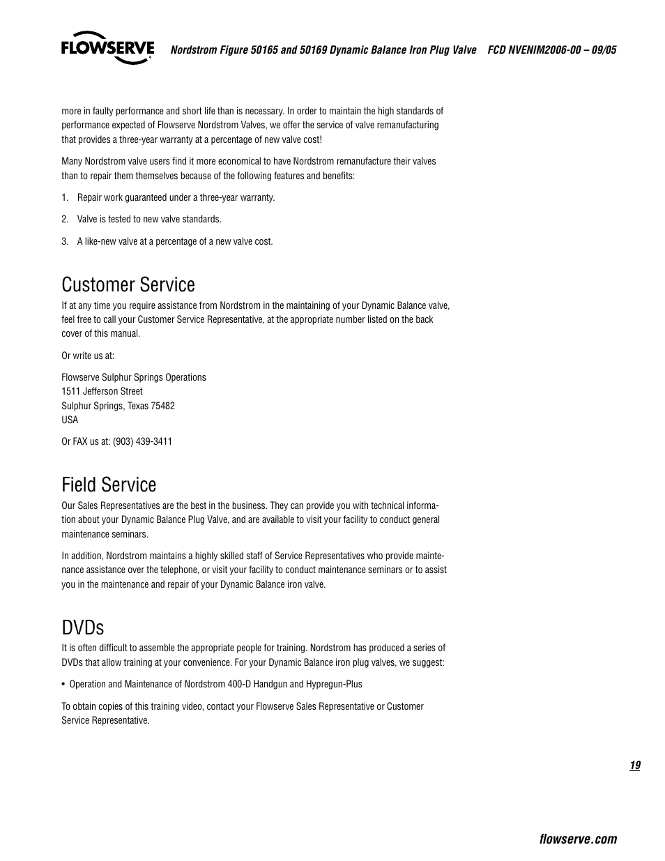 Customer service, Field service, Dvds | Flowserve 50165 Nordstrom Figure User Manual | Page 19 / 40