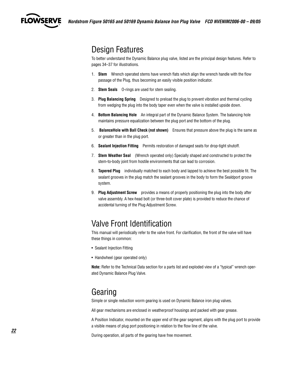 Design features, Valve front identification, Gearing | Flowserve 50165 Nordstrom Figure User Manual | Page 22 / 40