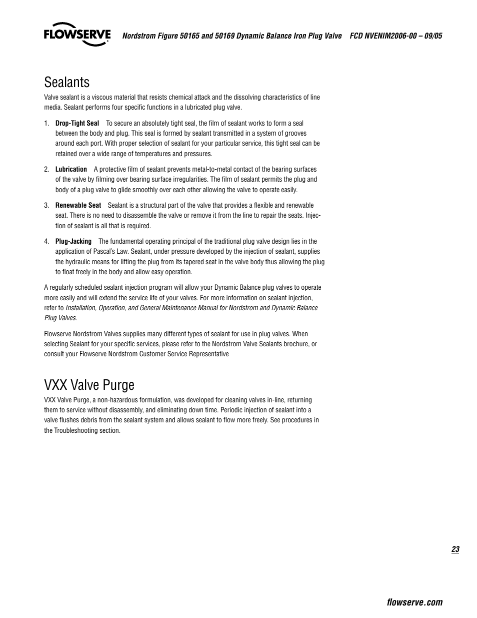 Sealants, Vxx valve purge | Flowserve 50165 Nordstrom Figure User Manual | Page 23 / 40