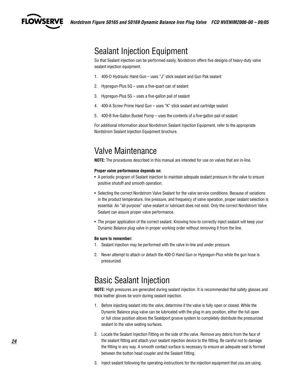 Sealant injection equipment, Valve maintenance, Basic sealant injection | Flowserve 50165 Nordstrom Figure User Manual | Page 24 / 40