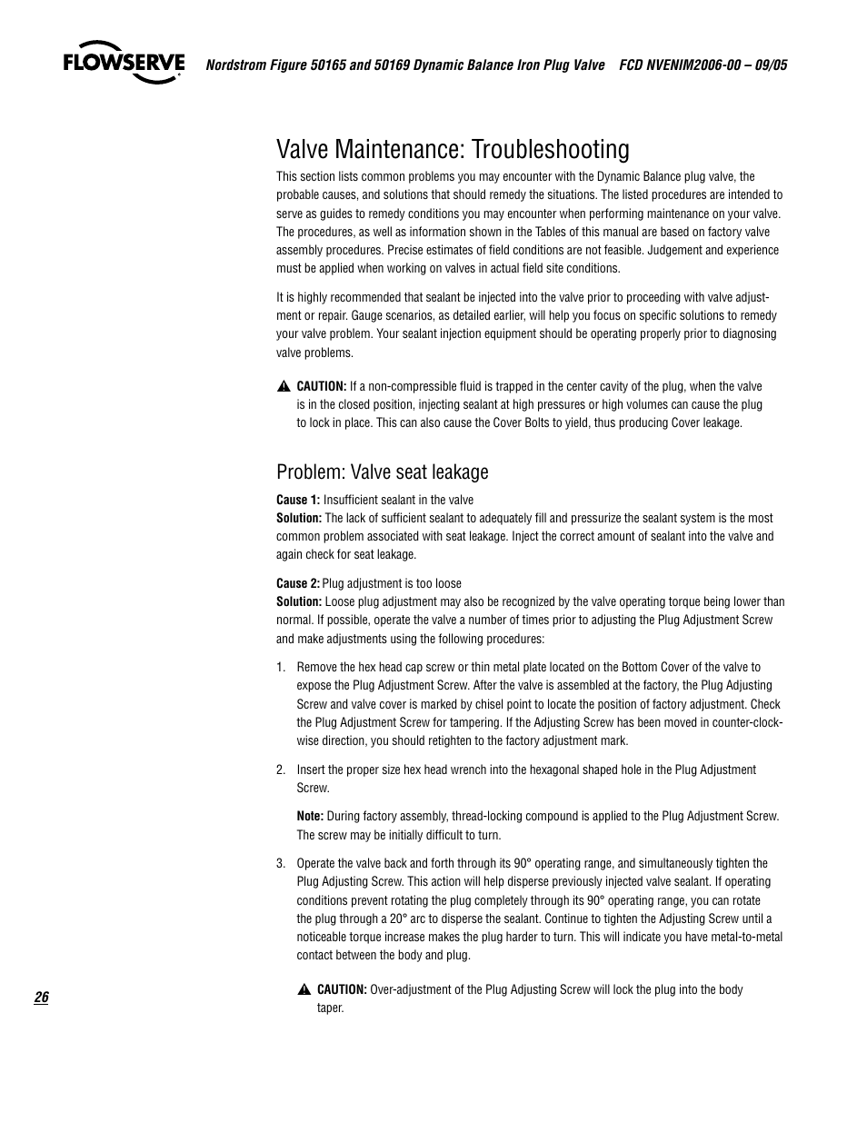 Valve maintenance: troubleshooting, Problem: valve seat leakage | Flowserve 50165 Nordstrom Figure User Manual | Page 26 / 40