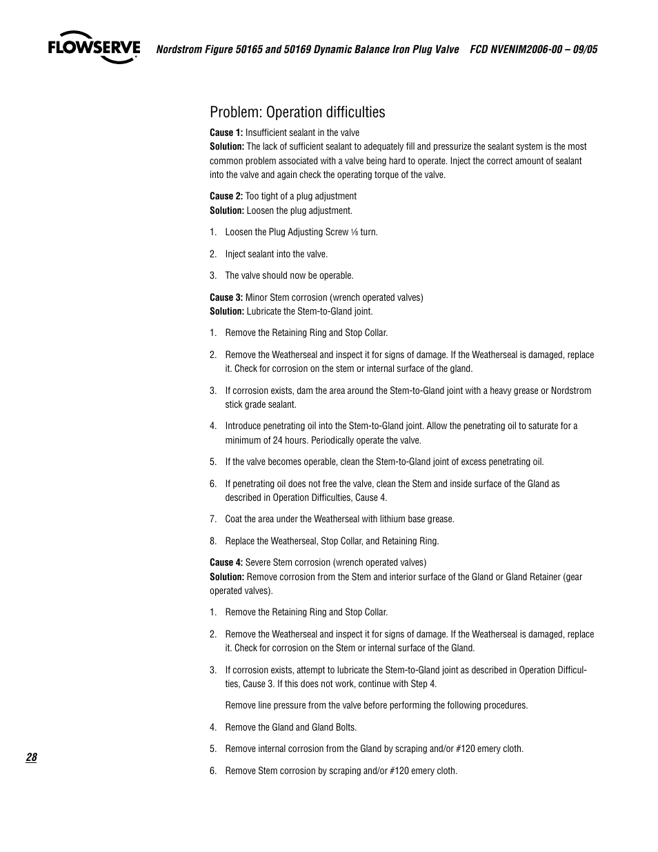 Problem: operation difficulties | Flowserve 50165 Nordstrom Figure User Manual | Page 28 / 40