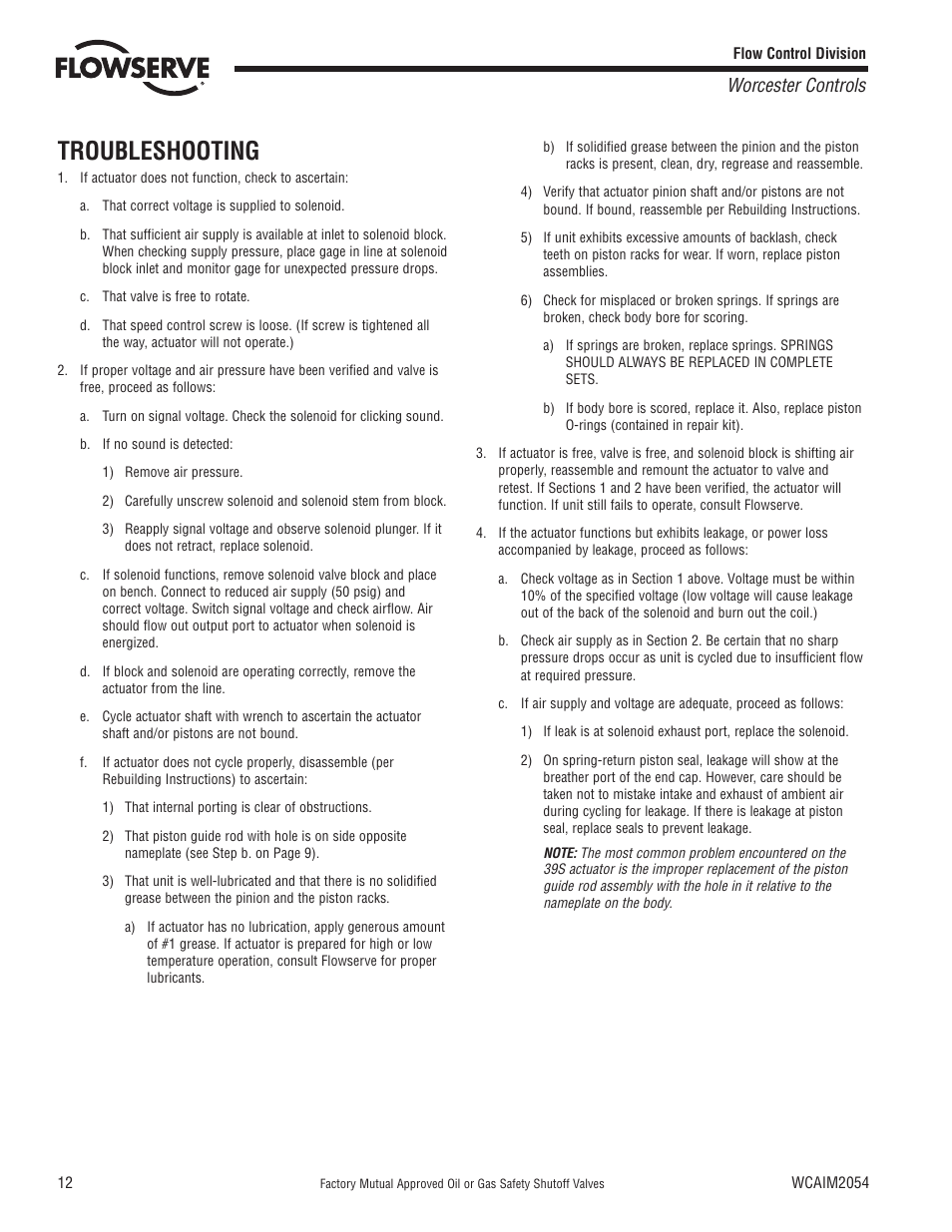 Troubleshooting, Worcester controls | Flowserve Factory Mutual Approved Oil or Gas Safety Shutoff Valve User Manual | Page 12 / 16