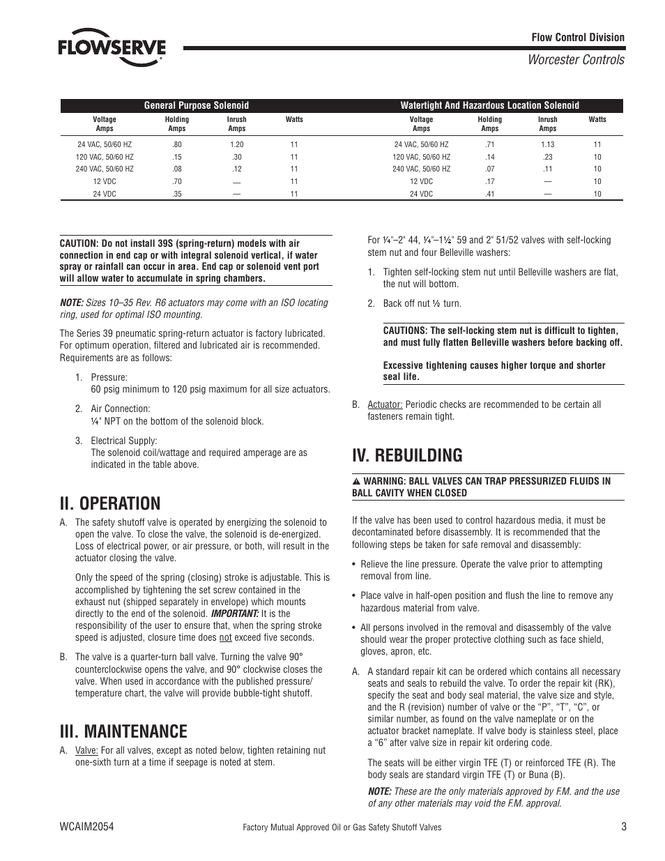 Ii. operation, Iii. maintenance, Iv. rebuilding | Worcester controls | Flowserve Factory Mutual Approved Oil or Gas Safety Shutoff Valve User Manual | Page 3 / 16