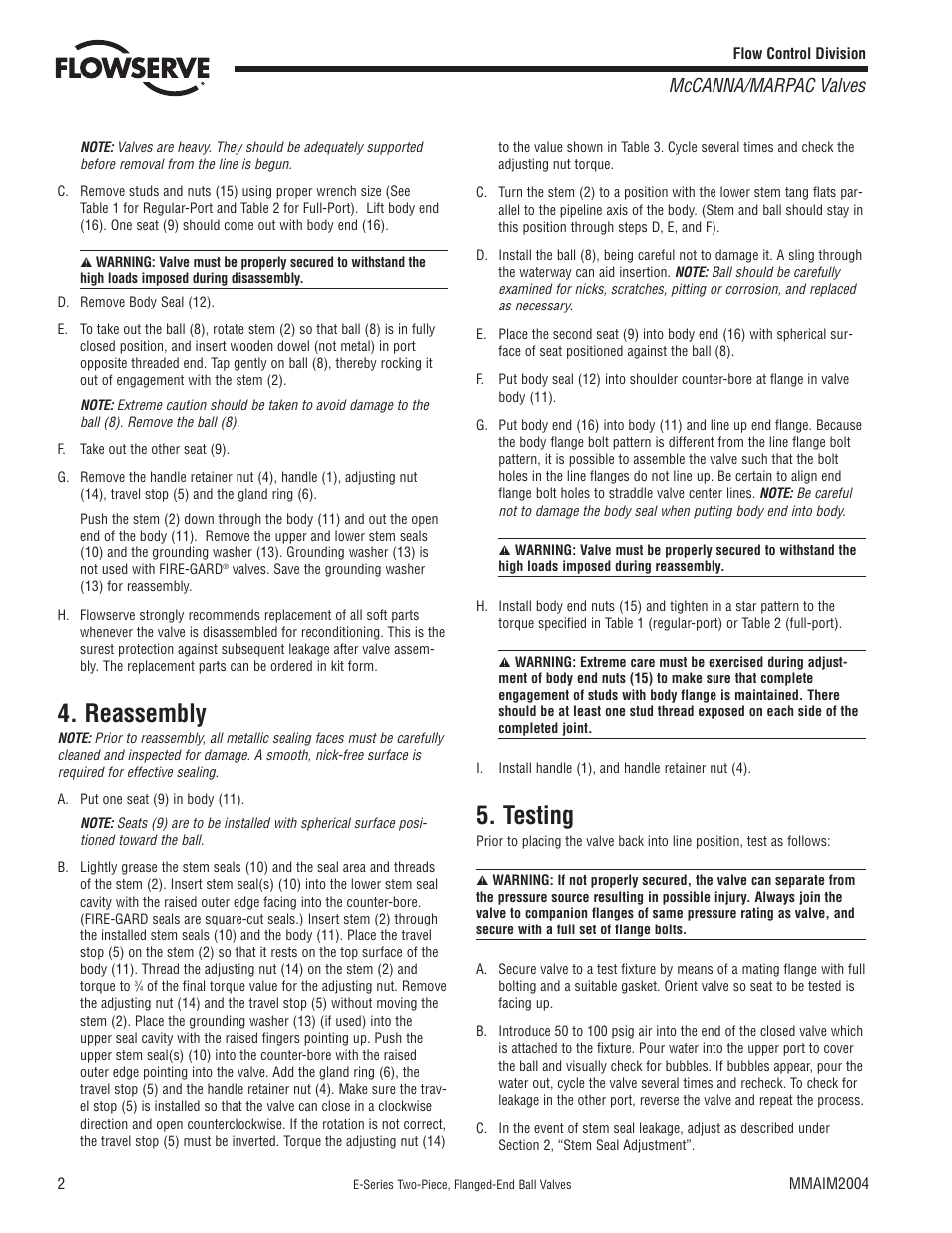 Reassembly, Testing, Mccanna/marpac valves | Flowserve E-Series Two-Piece User Manual | Page 2 / 4