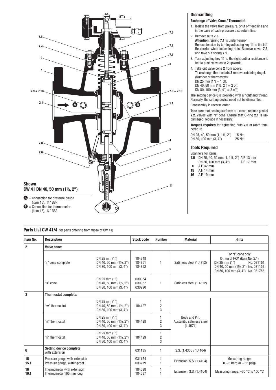 Parts list cw 41/4, Dismantling, Tools required | Flowserve CW41 Control Valves User Manual | Page 3 / 4