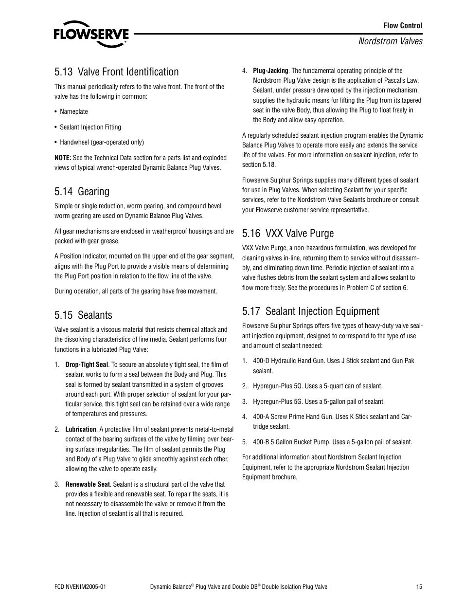 13 valve front identification, 14 gearing, 15 sealants | 16 vxx valve purge, 17 sealant injection equipment, Nordstrom valves | Flowserve Nordstrom Dynamic Balance Plug Valve and Double DB Plug Valve User Manual | Page 15 / 36