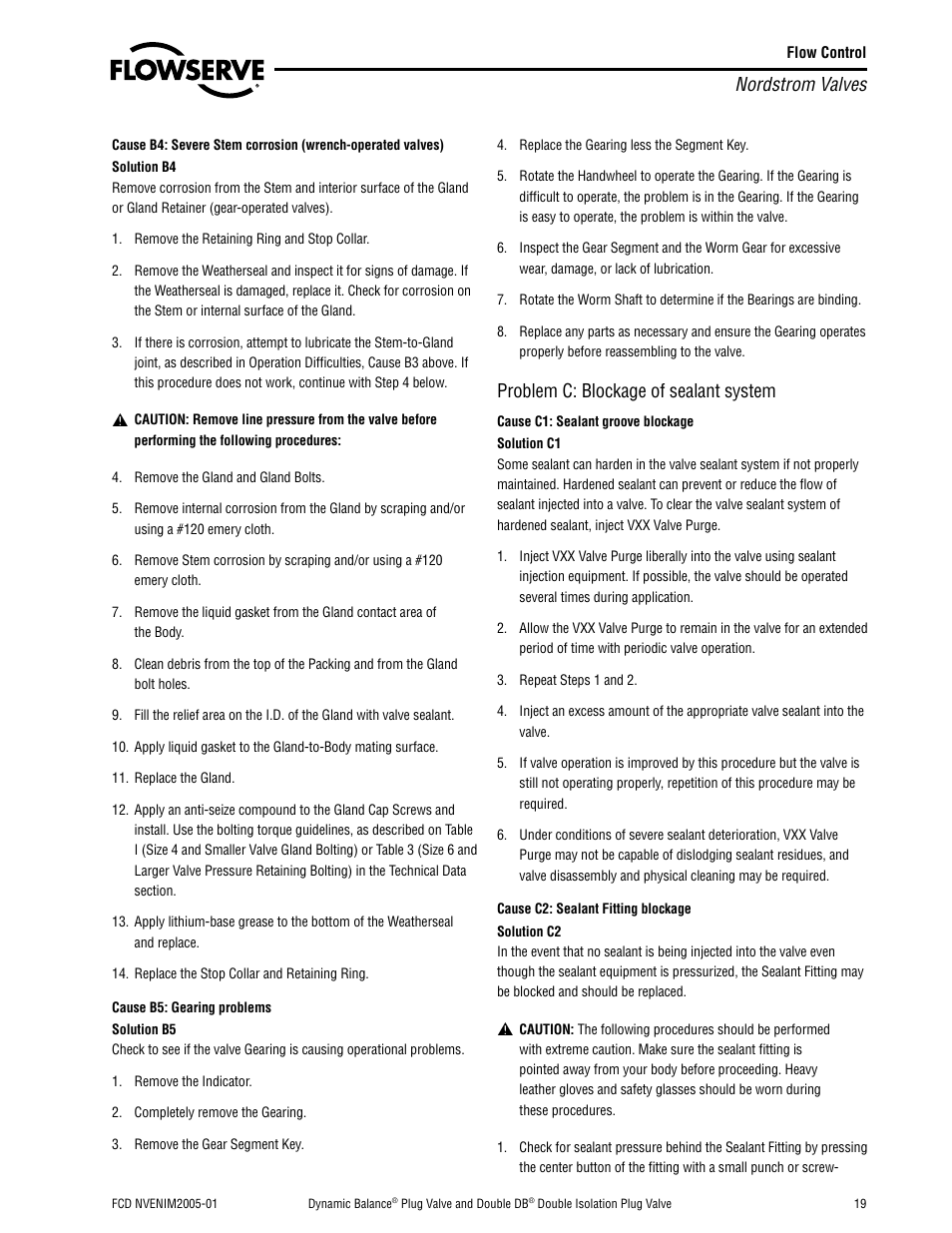 Nordstrom valves, Problem c: blockage of sealant system | Flowserve Nordstrom Dynamic Balance Plug Valve and Double DB Plug Valve User Manual | Page 19 / 36