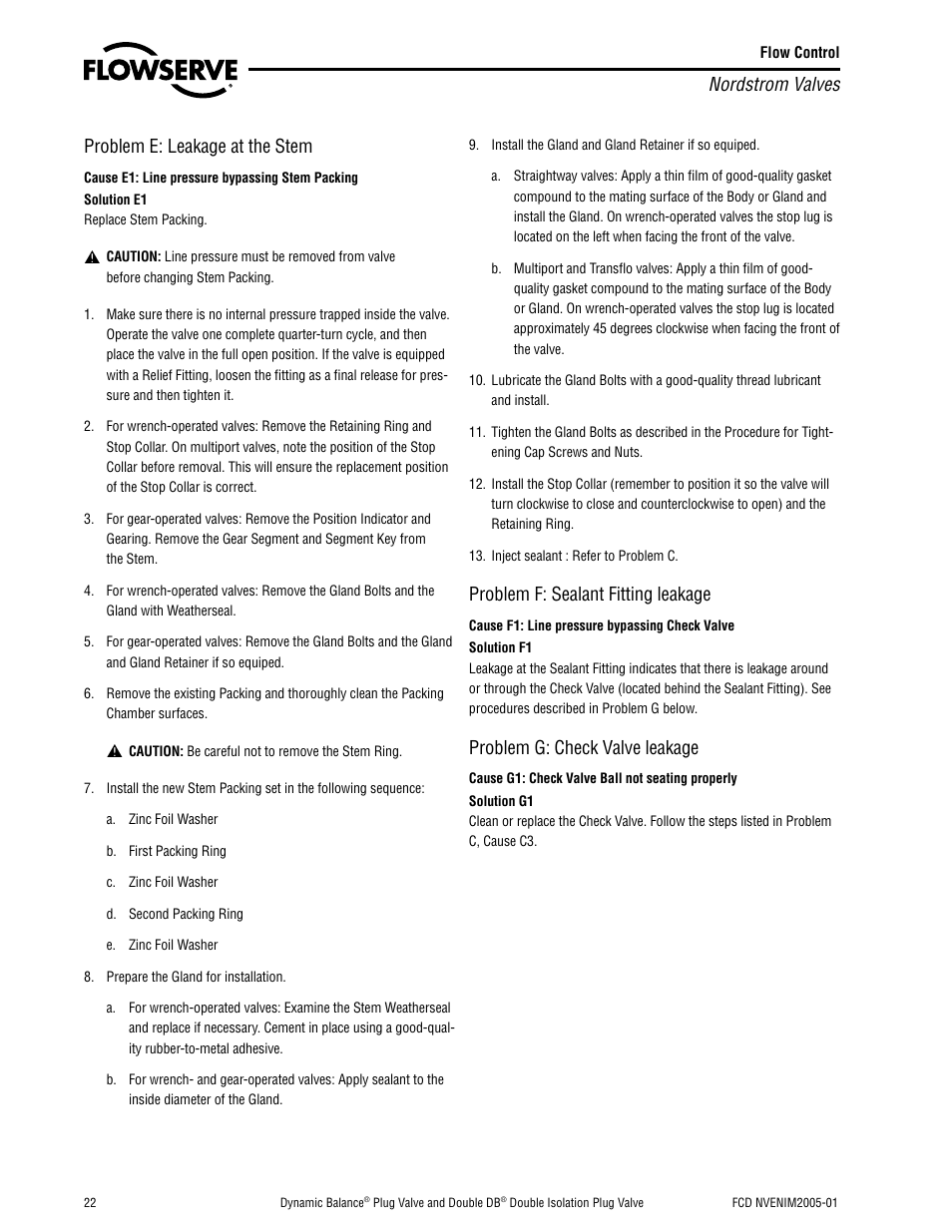 Nordstrom valves, Problem e: leakage at the stem, Problem f: sealant fitting leakage | Problem g: check valve leakage | Flowserve Nordstrom Dynamic Balance Plug Valve and Double DB Plug Valve User Manual | Page 22 / 36