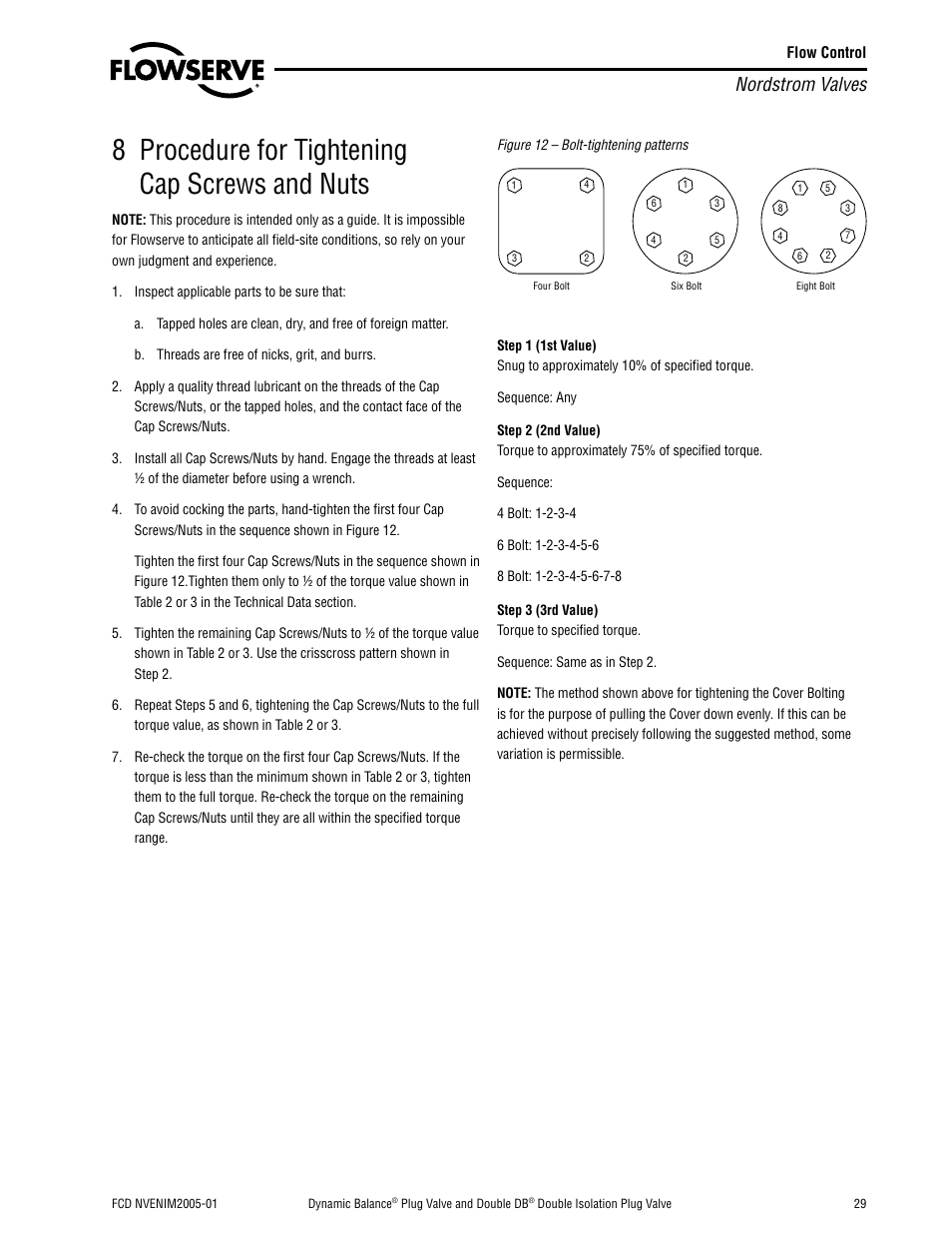 8 procedure for tightening cap screws and nuts, Nordstrom valves | Flowserve Nordstrom Dynamic Balance Plug Valve and Double DB Plug Valve User Manual | Page 29 / 36