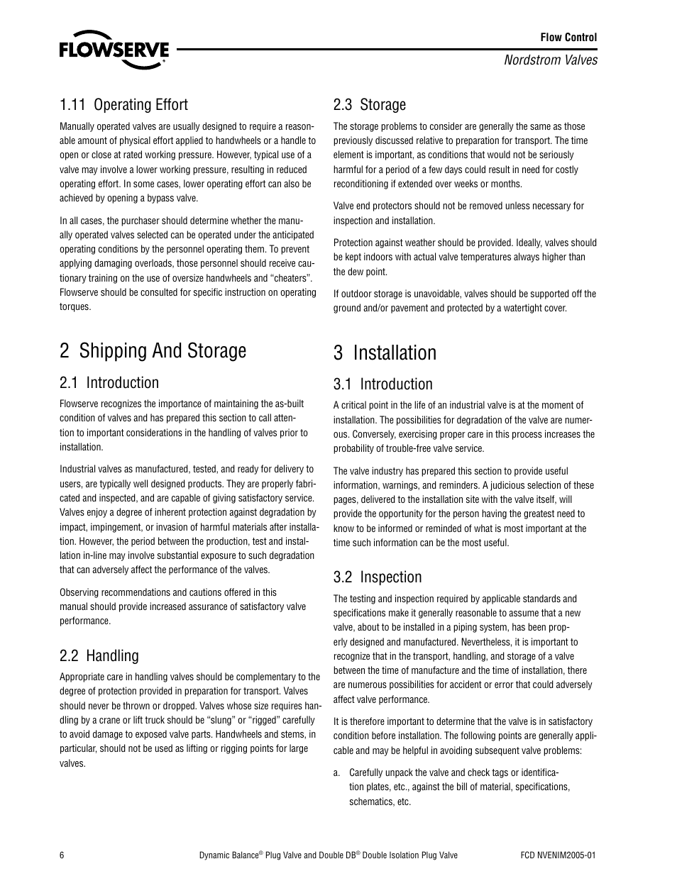 2 shipping and storage, 3 installation, 11 operating effort | 1 introduction, 2 handling, 3 storage, 2 inspection | Flowserve Nordstrom Dynamic Balance Plug Valve and Double DB Plug Valve User Manual | Page 6 / 36