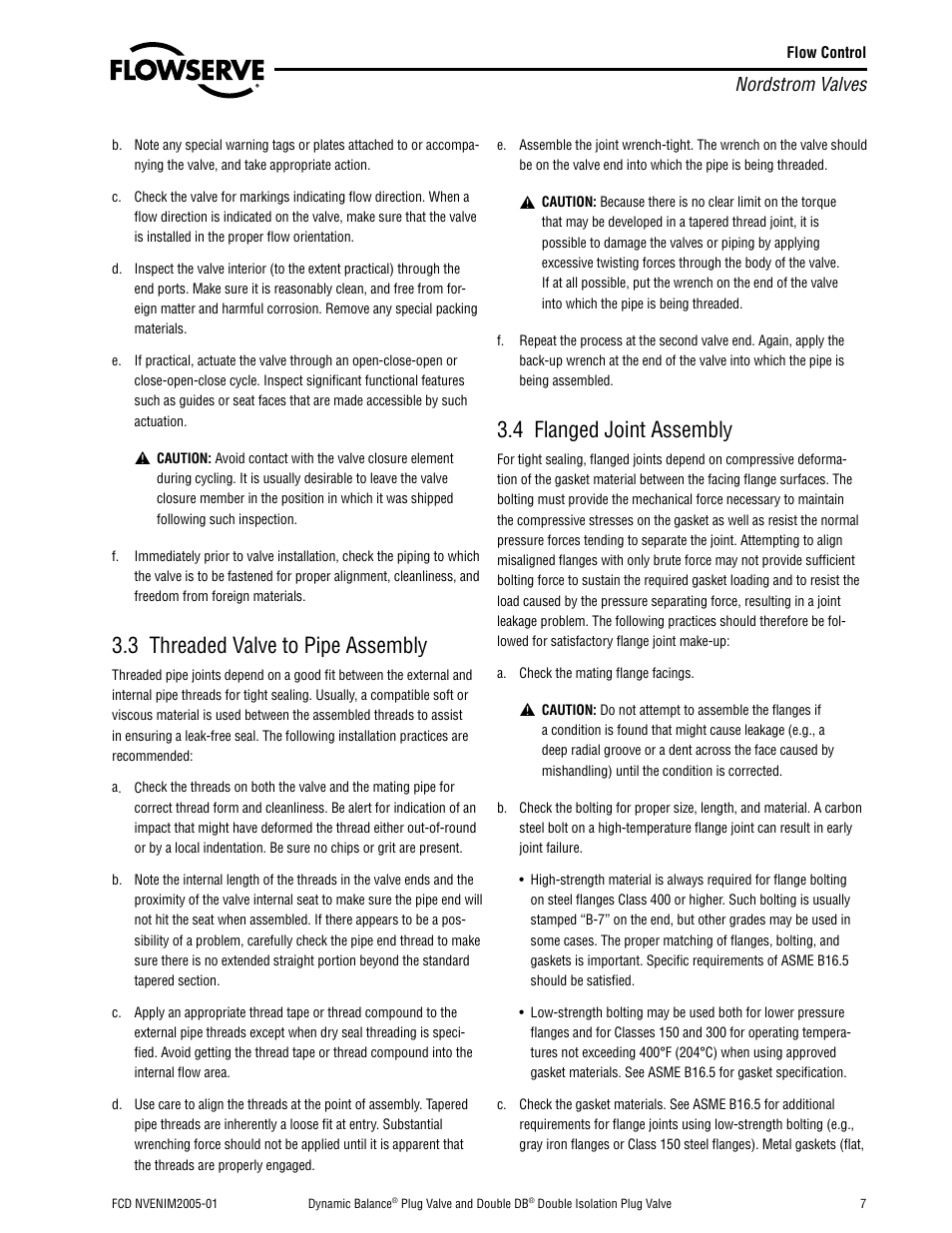 3 threaded valve to pipe assembly, 4 flanged joint assembly, Nordstrom valves | Flowserve Nordstrom Dynamic Balance Plug Valve and Double DB Plug Valve User Manual | Page 7 / 36