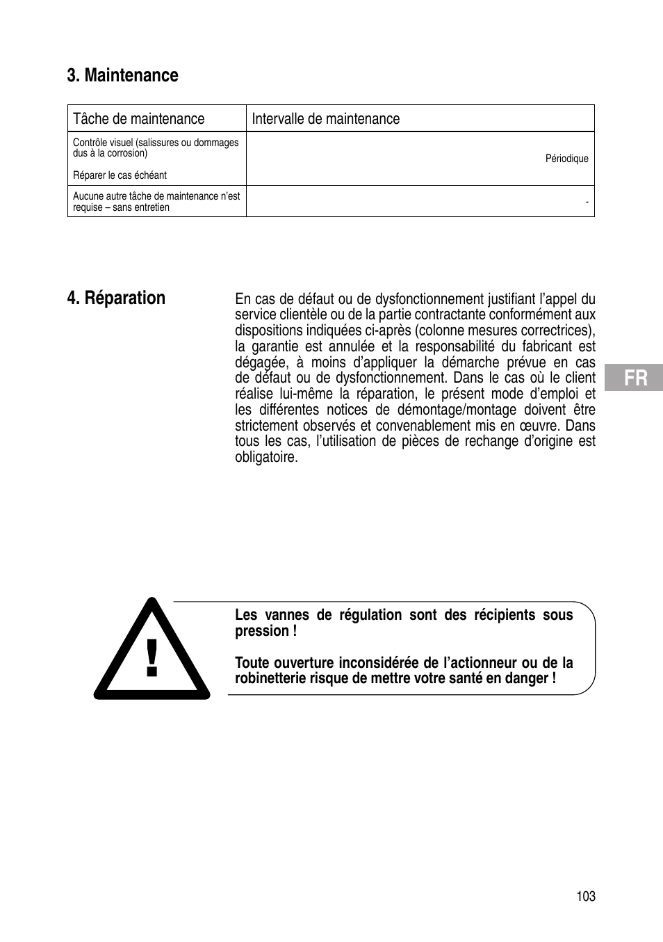 Maintenance, Réparation | Flowserve Selfacting pressure regulator User Manual | Page 103 / 248