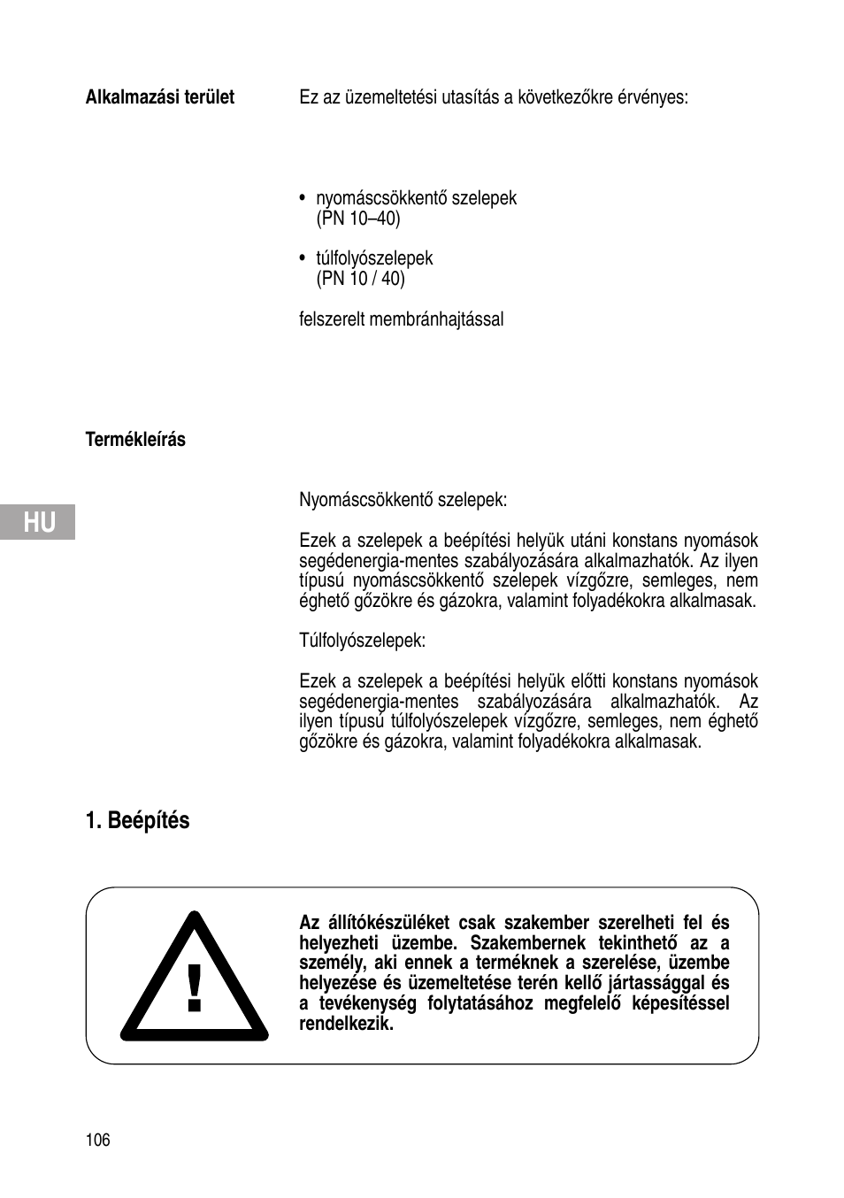 Beépítés | Flowserve Selfacting pressure regulator User Manual | Page 106 / 248