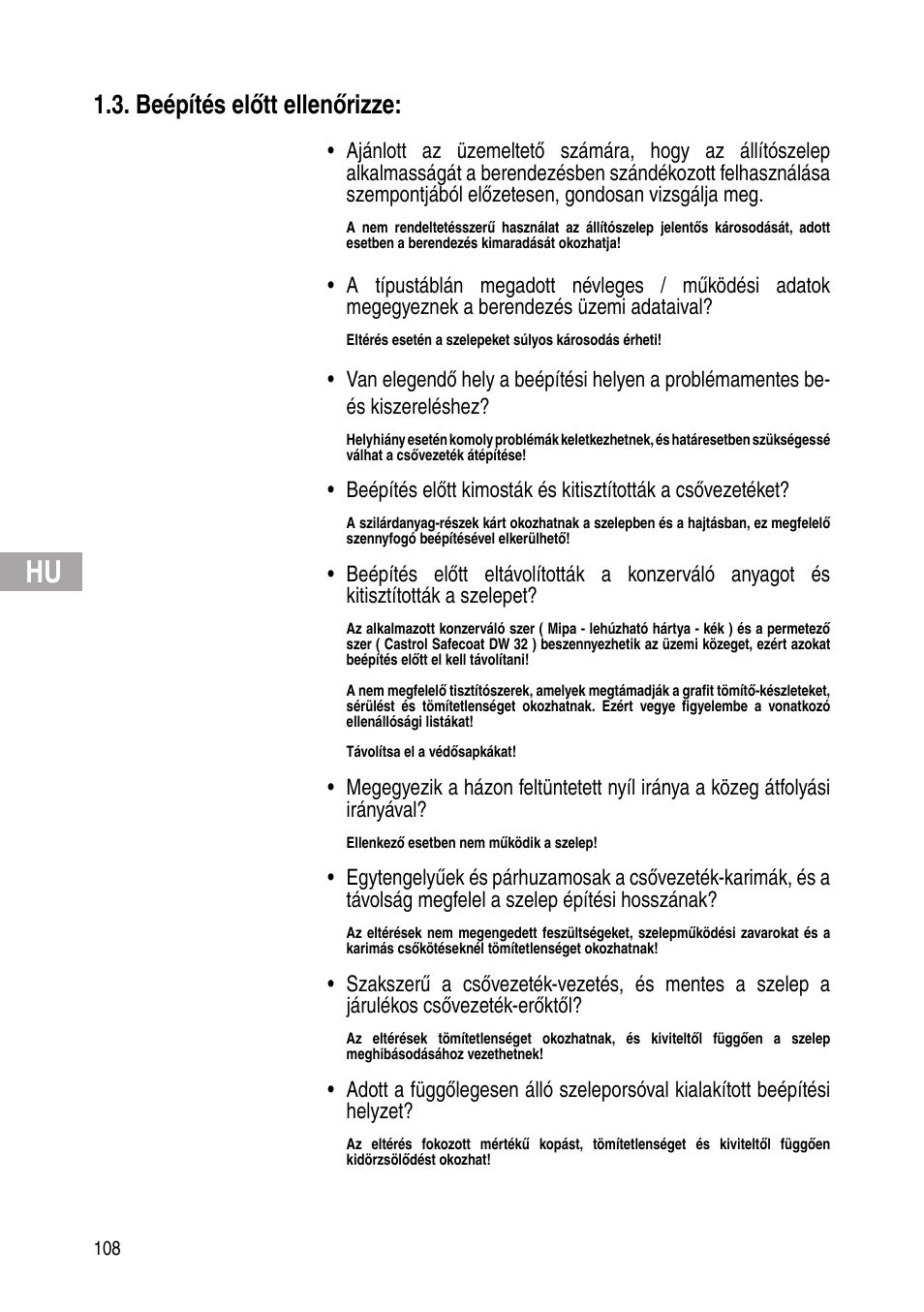 Beépítés előtt ellenőrizze | Flowserve Selfacting pressure regulator User Manual | Page 108 / 248