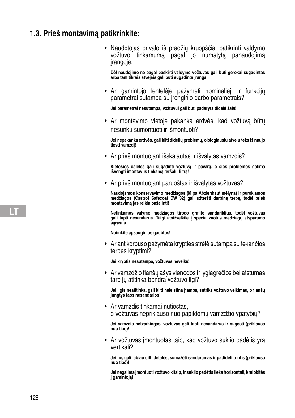 Prieš montavimą patikrinkite | Flowserve Selfacting pressure regulator User Manual | Page 128 / 248