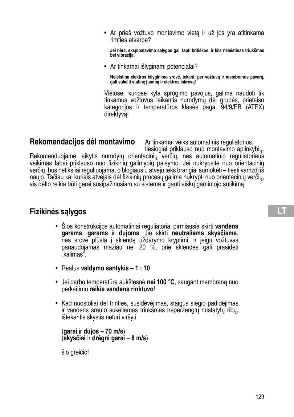 Rekomendacijos dėl montavimo, Fizikinės sąlygos | Flowserve Selfacting pressure regulator User Manual | Page 129 / 248