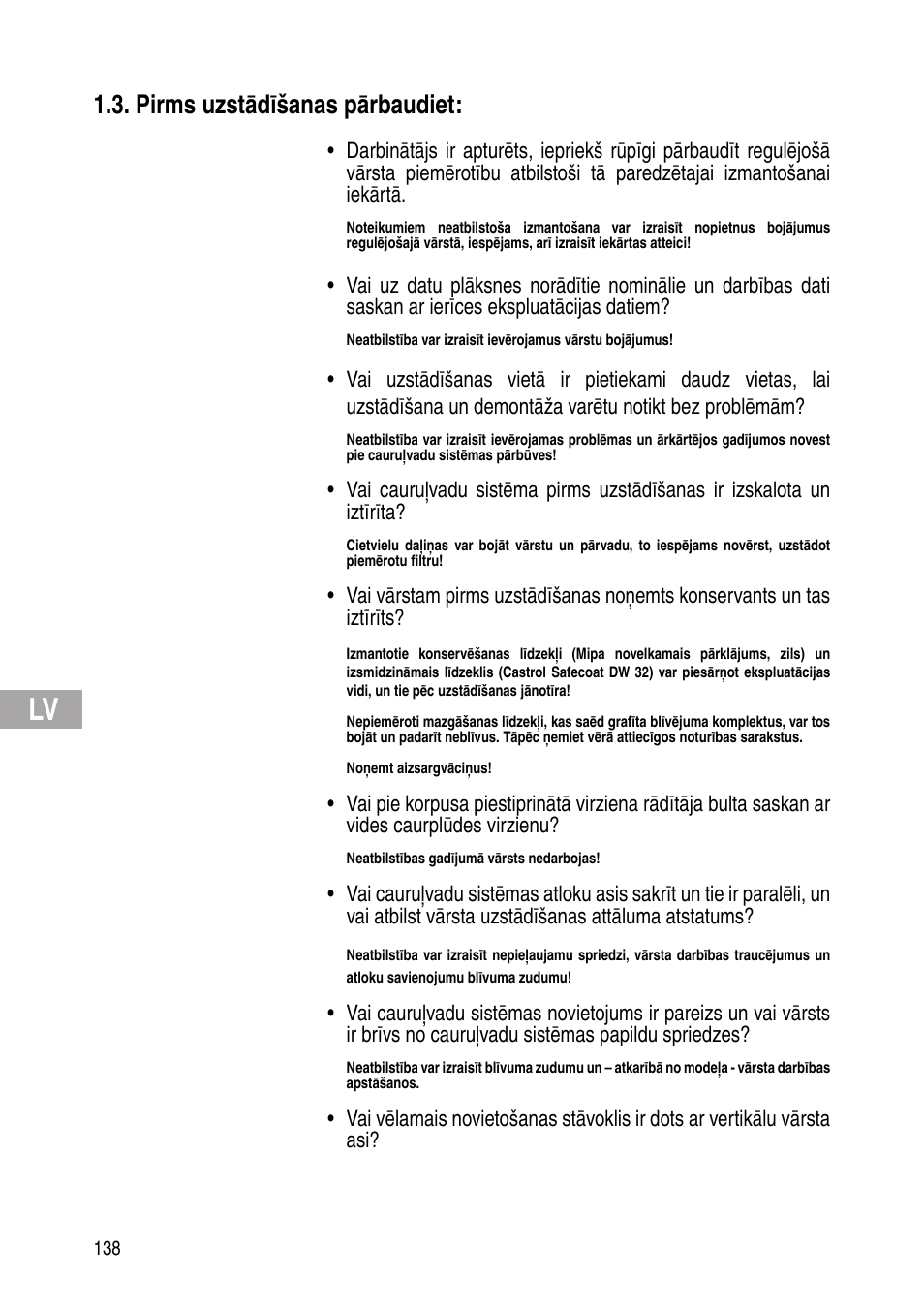 Pirms uzstādīšanas pārbaudiet | Flowserve Selfacting pressure regulator User Manual | Page 138 / 248