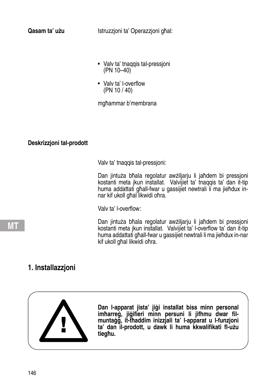 Installazzjoni | Flowserve Selfacting pressure regulator User Manual | Page 146 / 248