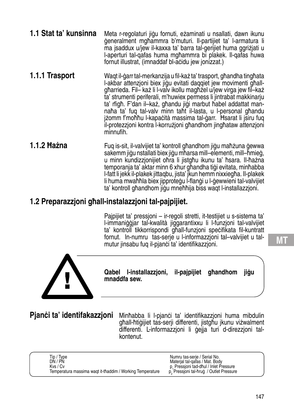 1 stat ta’ kunsinna, 1 trasport, 2 ħażna | 2 preparazzjoni għall-instalazzjoni tal-pajpijiet, Pjanċi ta’ identifakazzjoni | Flowserve Selfacting pressure regulator User Manual | Page 147 / 248