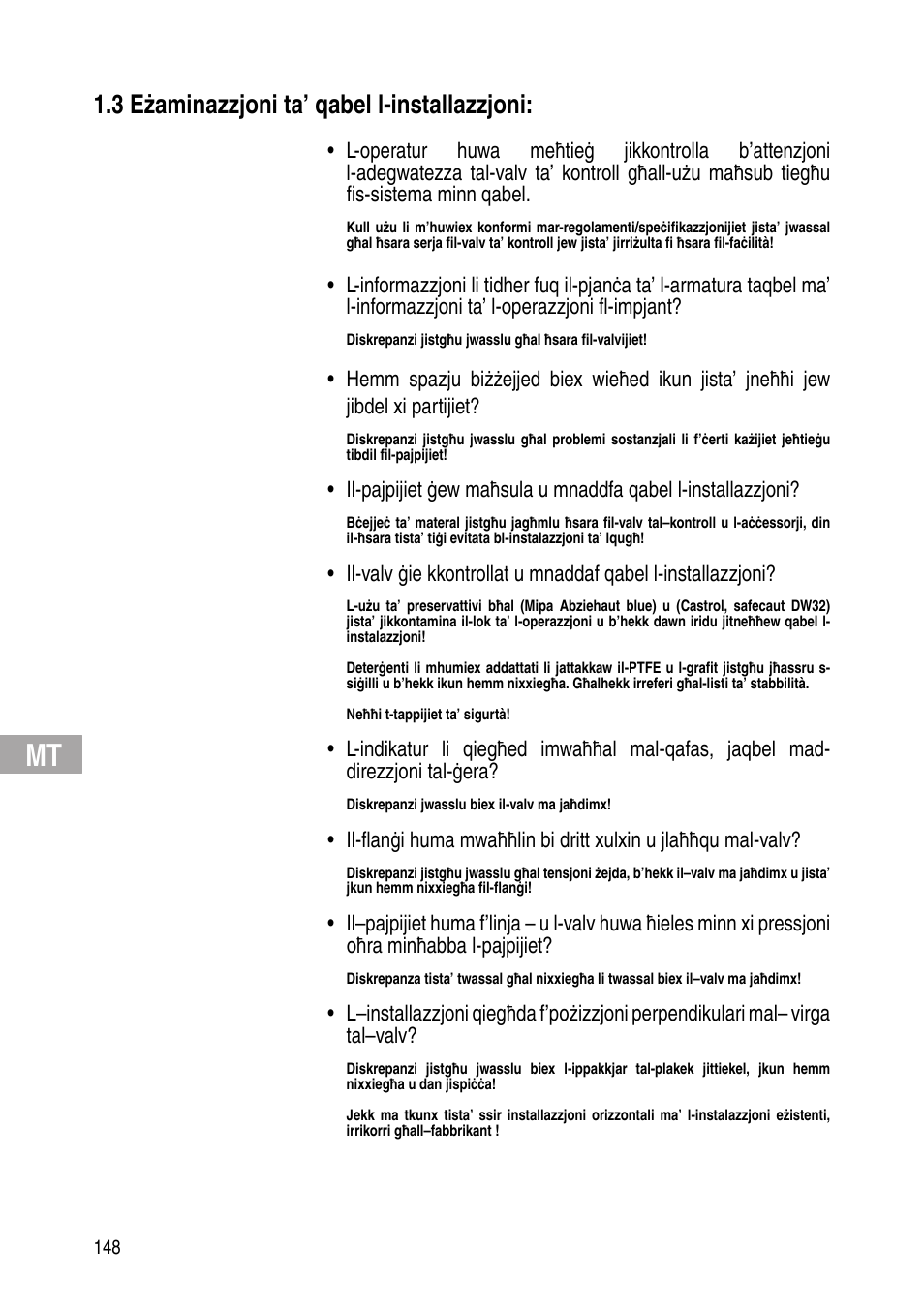 3 eżaminazzjoni ta’ qabel l-installazzjoni | Flowserve Selfacting pressure regulator User Manual | Page 148 / 248