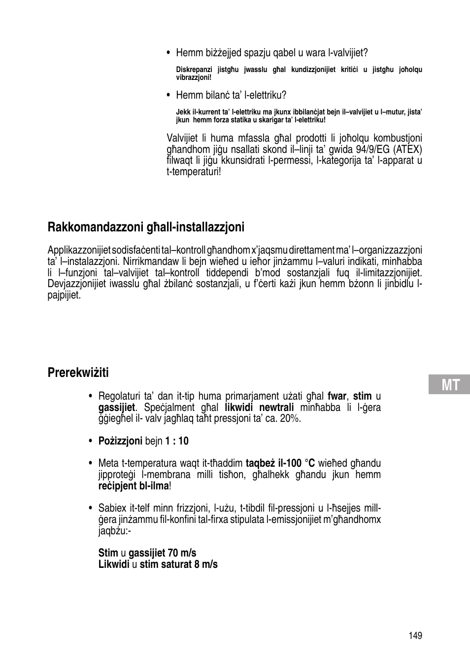 Rakkomandazzoni għall-installazzjoni, Prerekwiżiti | Flowserve Selfacting pressure regulator User Manual | Page 149 / 248