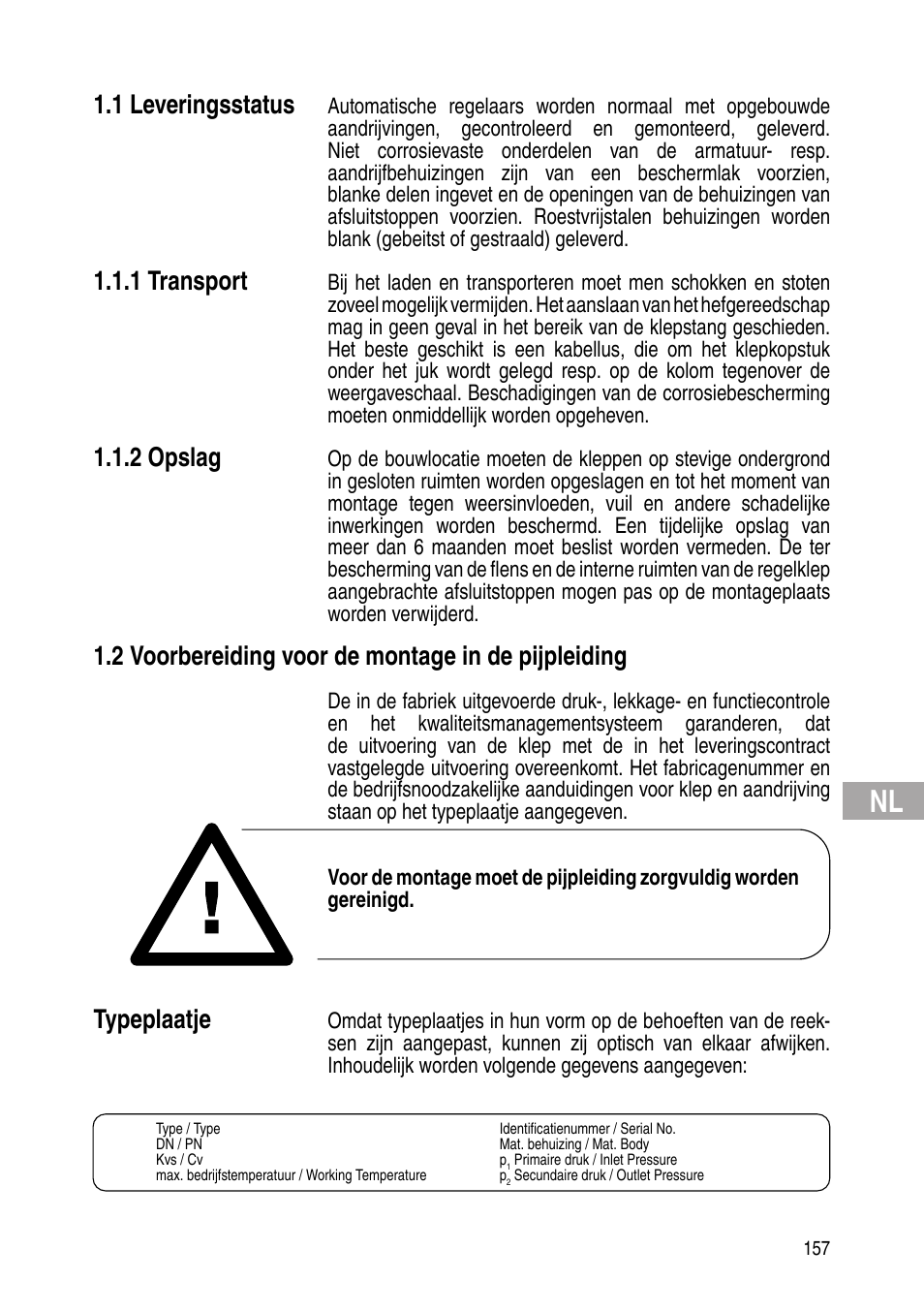 1 leveringsstatus, 1 transport, 2 opslag | 2 voorbereiding voor de montage in de pijpleiding, Typeplaatje | Flowserve Selfacting pressure regulator User Manual | Page 157 / 248