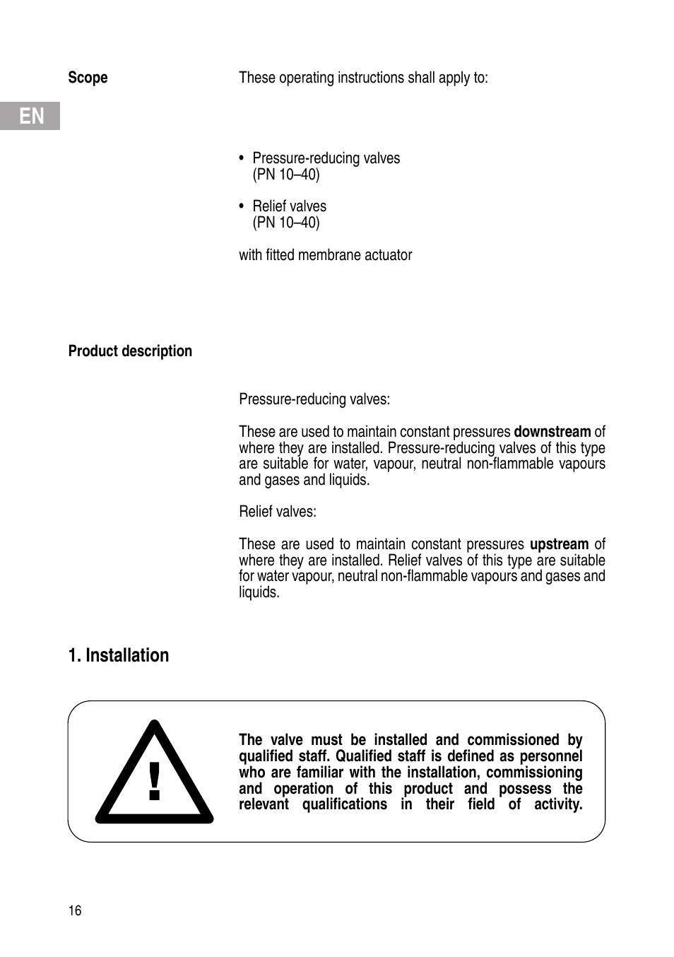 Installation | Flowserve Selfacting pressure regulator User Manual | Page 16 / 248