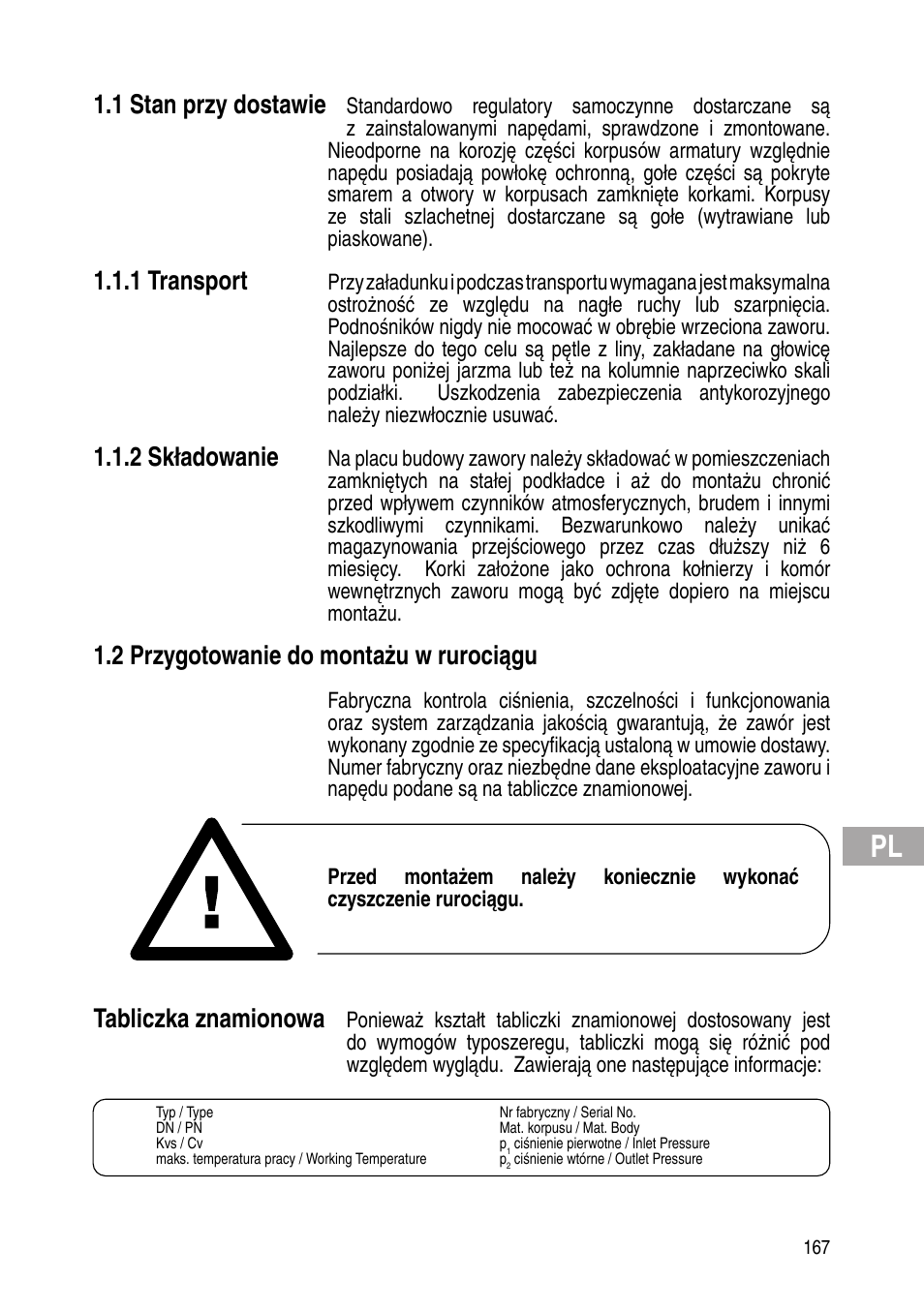 1 stan przy dostawie, 1 transport, 2 składowanie | 2 przygotowanie do montażu w rurociągu, Tabliczka znamionowa | Flowserve Selfacting pressure regulator User Manual | Page 167 / 248