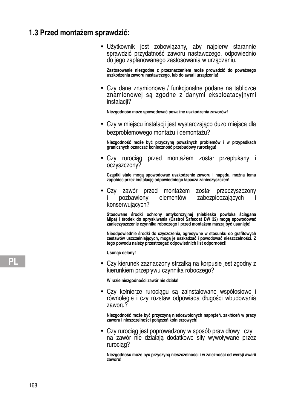 3 przed montażem sprawdzić | Flowserve Selfacting pressure regulator User Manual | Page 168 / 248