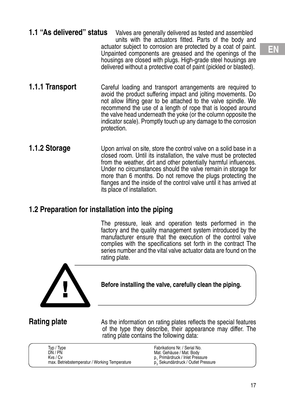 1 “as delivered” status, 1 transport, 2 storage | 2 preparation for installation into the piping, Rating plate | Flowserve Selfacting pressure regulator User Manual | Page 17 / 248