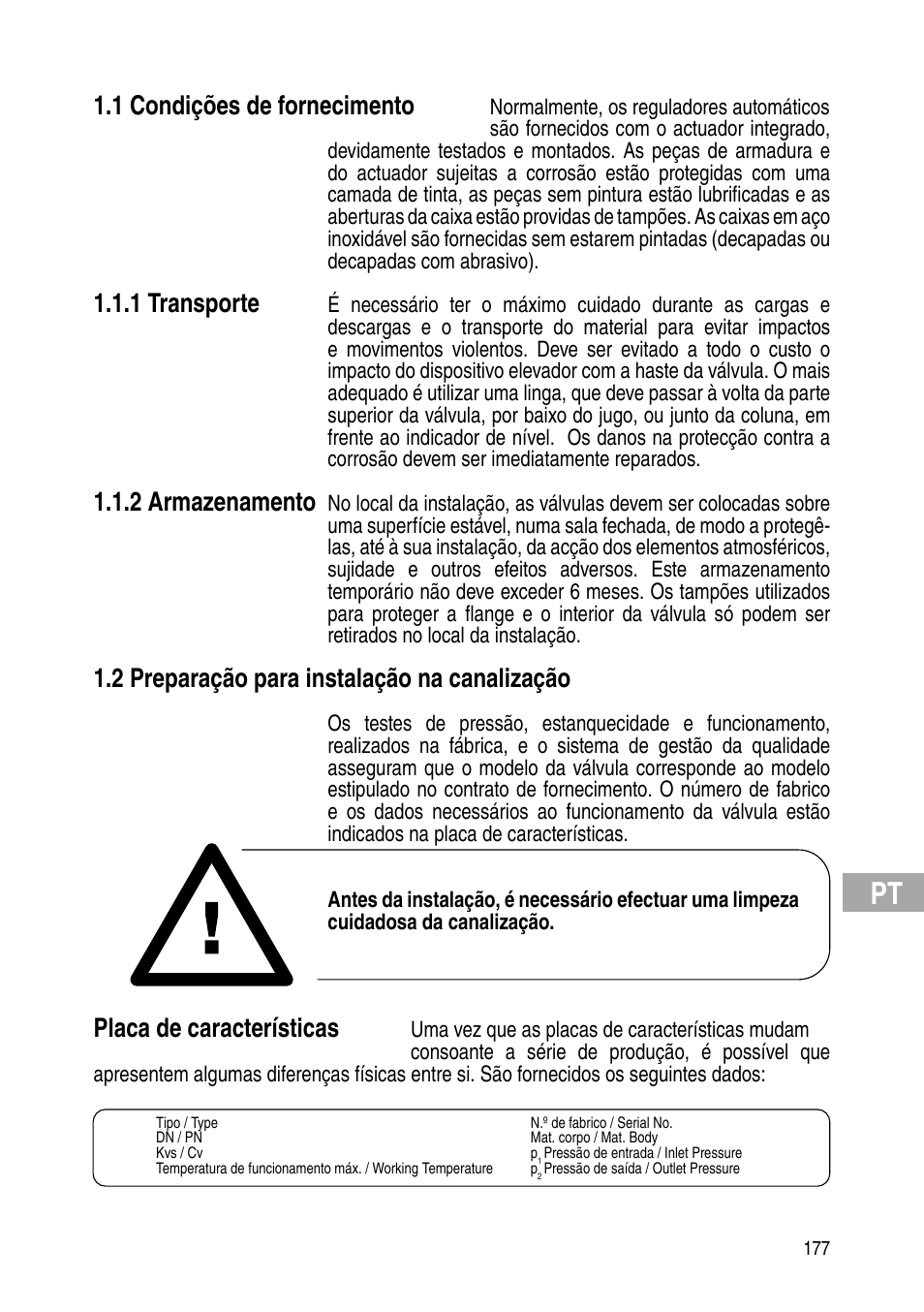 1 condições de fornecimento, 1 transporte, 2 armazenamento | 2 preparação para instalação na canalização, Placa de características | Flowserve Selfacting pressure regulator User Manual | Page 177 / 248