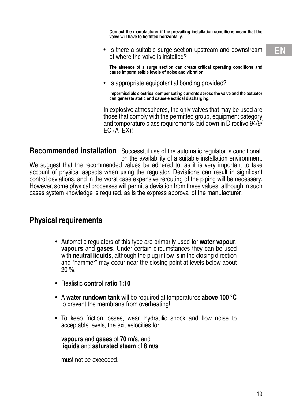 Recommended installation, Physical requirements | Flowserve Selfacting pressure regulator User Manual | Page 19 / 248