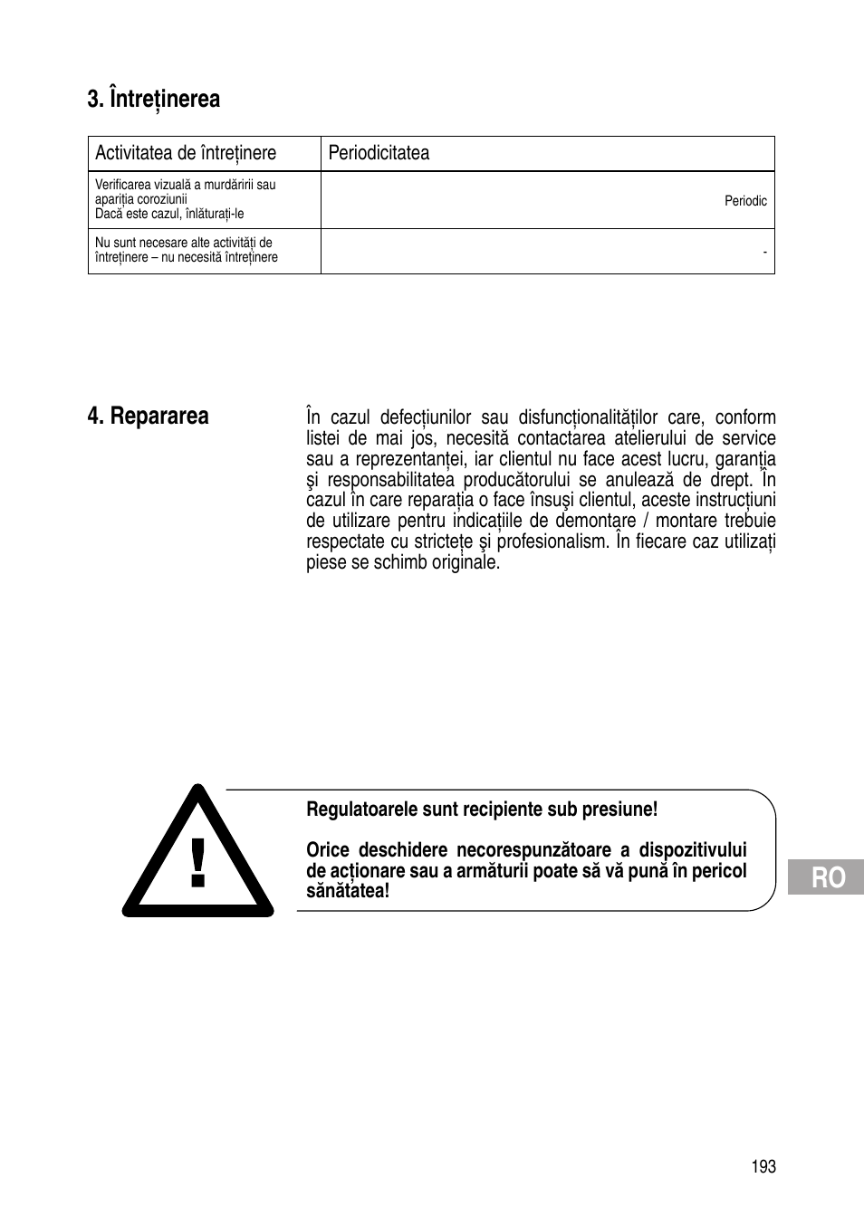 Întreţinerea, Repararea | Flowserve Selfacting pressure regulator User Manual | Page 193 / 248