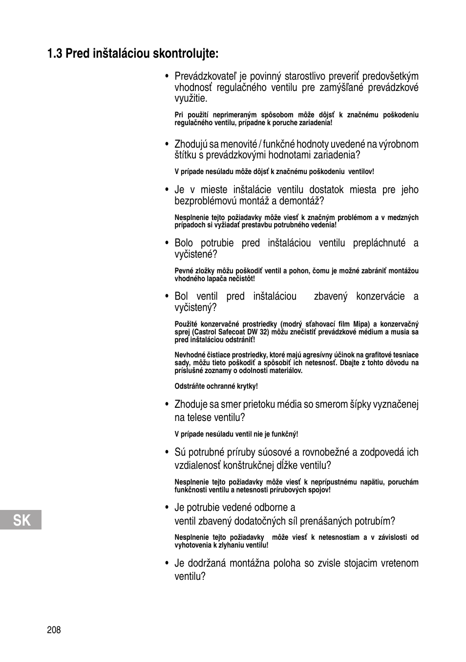 3 pred inštaláciou skontrolujte | Flowserve Selfacting pressure regulator User Manual | Page 208 / 248