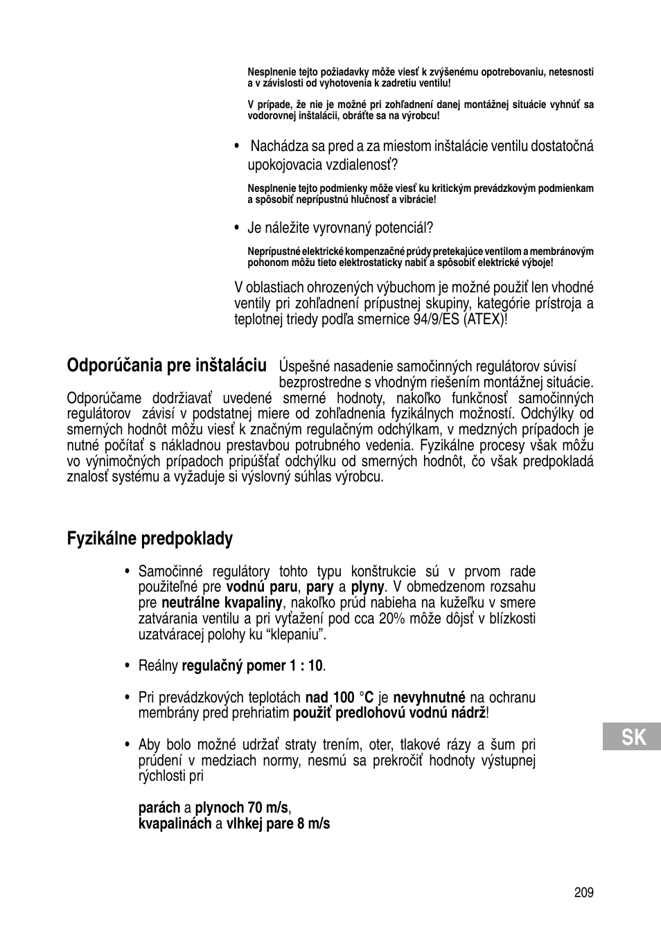 Odporúčania pre inštaláciu, Fyzikálne predpoklady | Flowserve Selfacting pressure regulator User Manual | Page 209 / 248