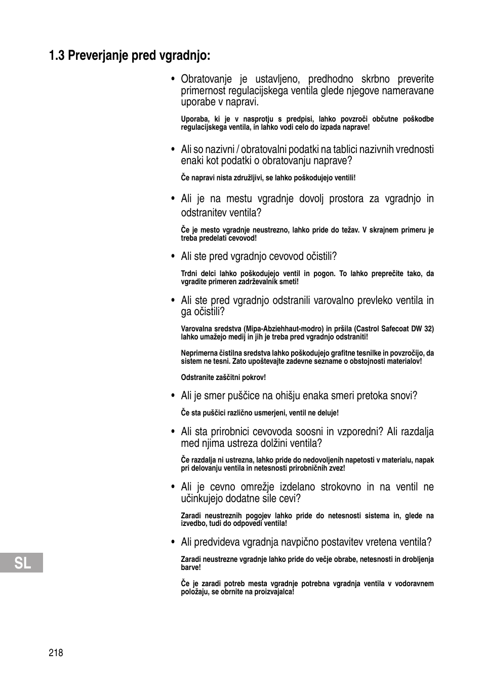 3 preverjanje pred vgradnjo | Flowserve Selfacting pressure regulator User Manual | Page 218 / 248