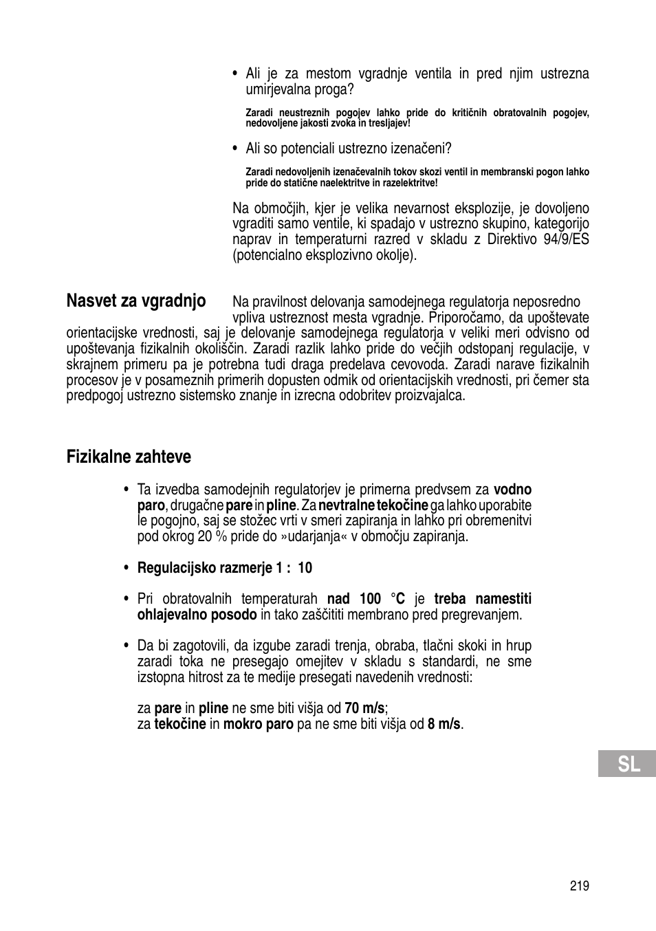 Nasvet za vgradnjo, Fizikalne zahteve | Flowserve Selfacting pressure regulator User Manual | Page 219 / 248