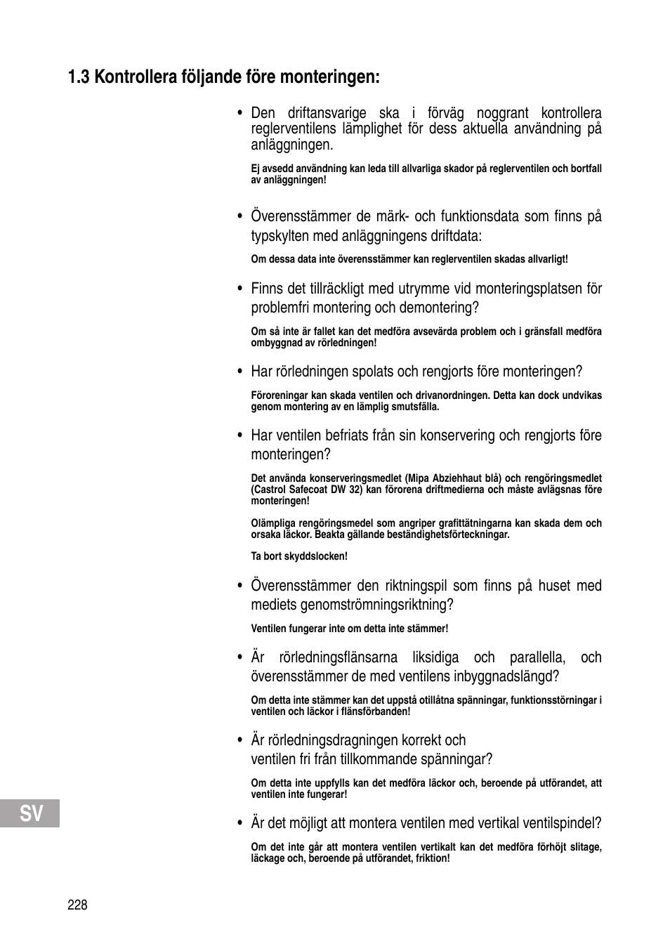 3 kontrollera följande före monteringen | Flowserve Selfacting pressure regulator User Manual | Page 228 / 248